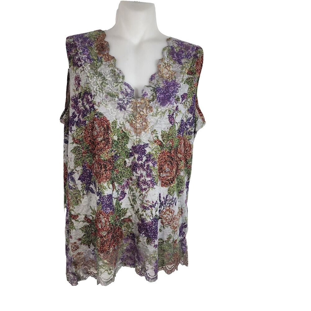 Coldwater Creek Womens Tank Top Small Purple Green Floral Lace Trim Sleeveless